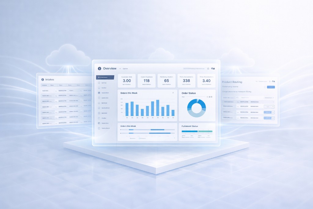 Product interface: overview dashboard with metrics, intakes table, and product routing, glass UI panels in isometric view